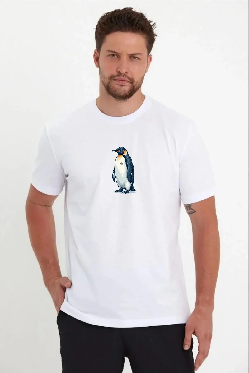 Erkek Oversize Tişört - Sırt Baskılı "Survivor Penguin" Temalı, Felsefi Yazılı Bisiklet yaka Tişört - Beyaz Görsel 2
