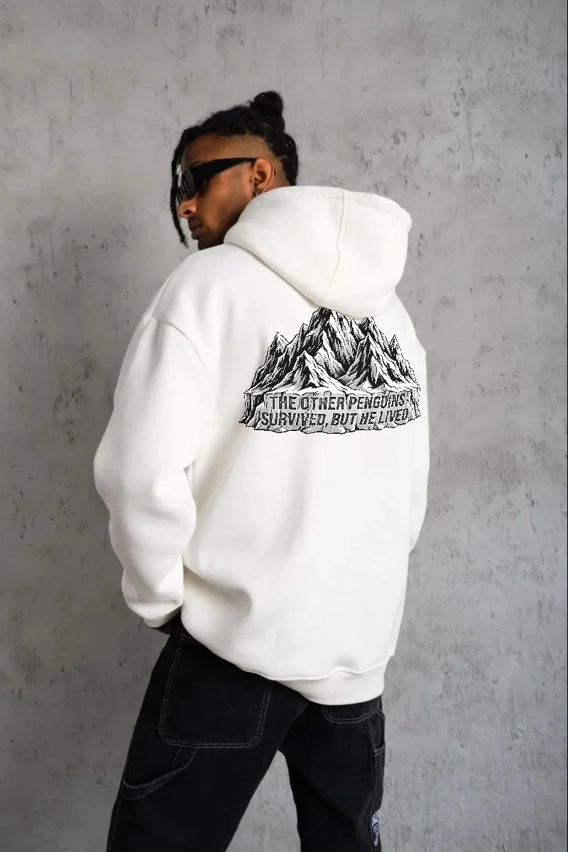 Erkek Nihilist Penguen Temalı Oversize Kapüşonlu Sweatshirt - Beyaz Görsel 2