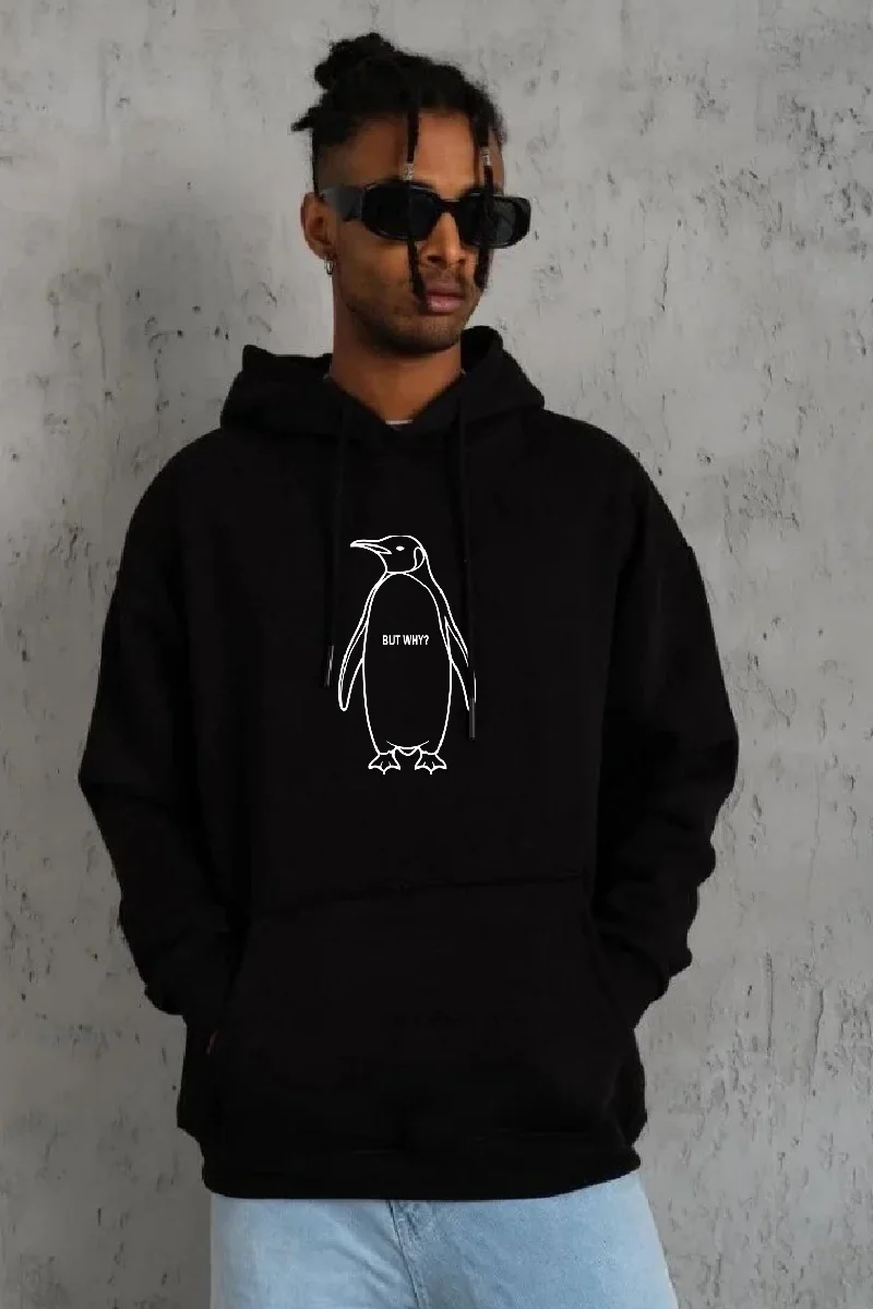 Erkek Nihilist Penguen Özel Tasarım Oversize Kapüşonlu Sweatshirt - Siyah Görsel 2