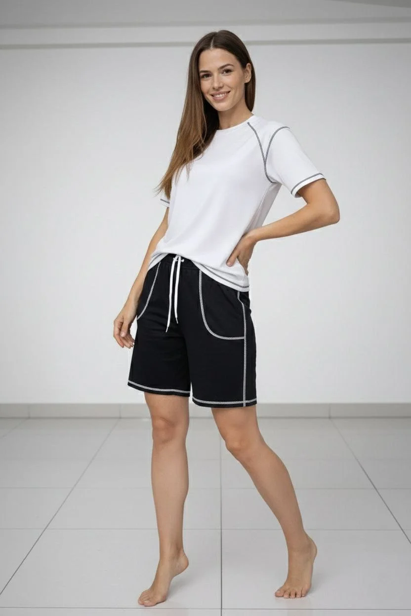 Kadın Spor Tişört Şort Takım Kontrast Dikiş Detaylı Ovarsize rahat kalıp - Beyaz