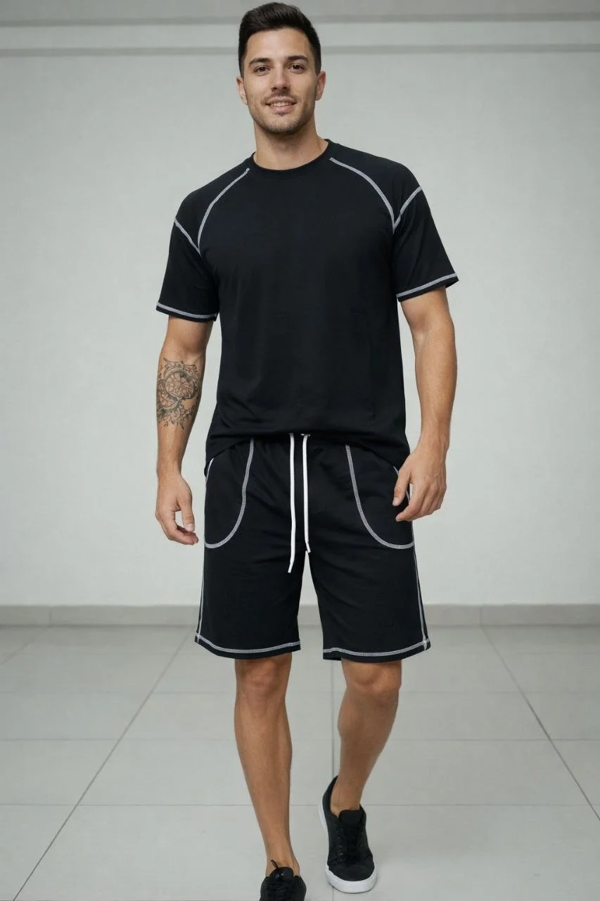 Erkek Spor Tişört Şort Takım Kontrast Dikiş Detaylı Ovarsize rahat kalıp - Siyah