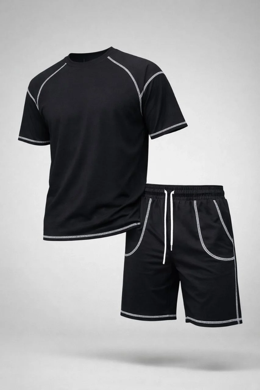 Erkek Spor Tişört Şort Takım Kontrast Dikiş Detaylı Ovarsize rahat kalıp - Siyah