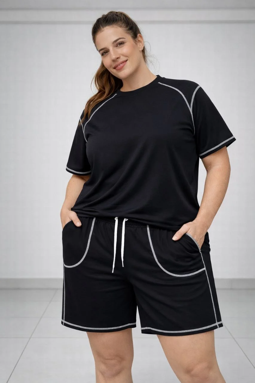 Kadın Battal Beden Kısa Kollu Tişört Şort Takım Kontrast Dikiş Detaylı Günlük Ev Giyimi - Siyah