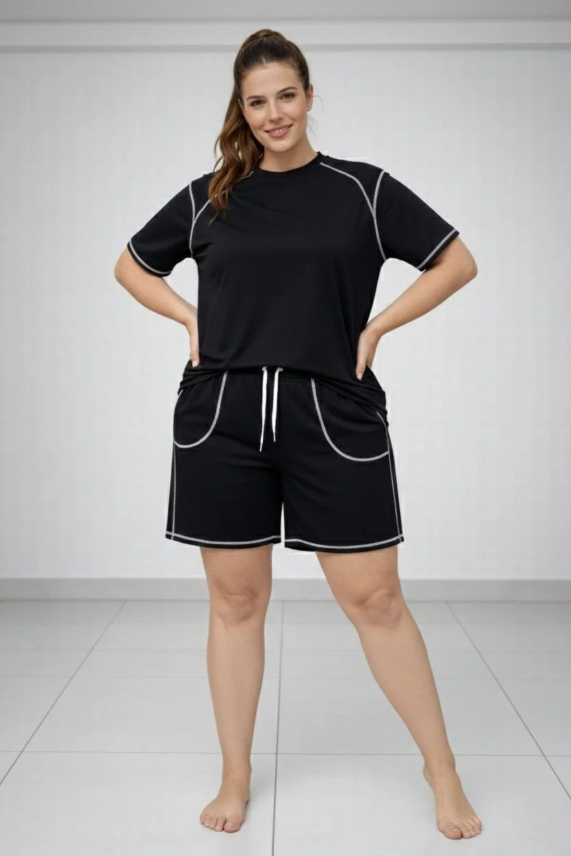 Kadın Battal Beden Kısa Kollu Tişört Şort Takım Kontrast Dikiş Detaylı Günlük Ev Giyimi - Siyah Görsel 2