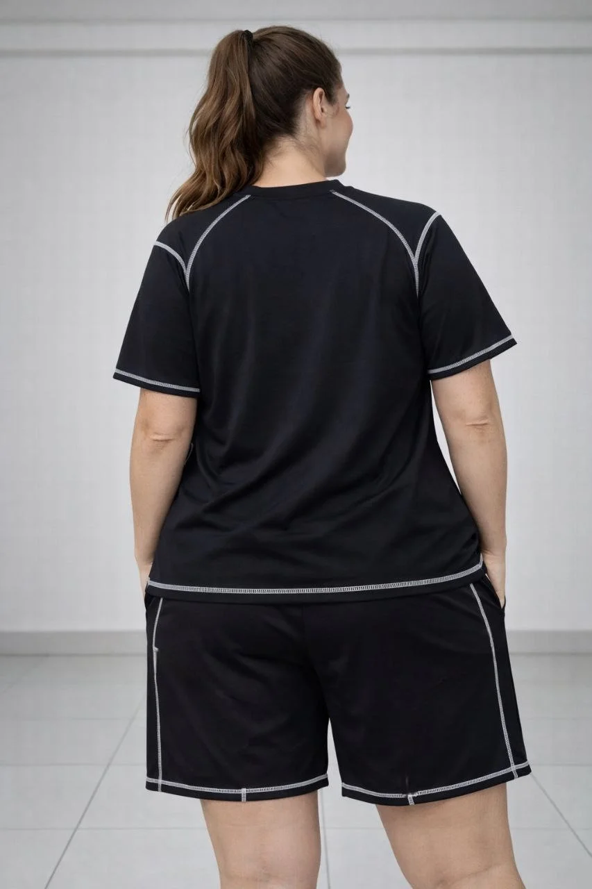 Kadın Battal Beden Kısa Kollu Tişört Şort Takım Kontrast Dikiş Detaylı Günlük Ev Giyimi - Siyah Görsel 3