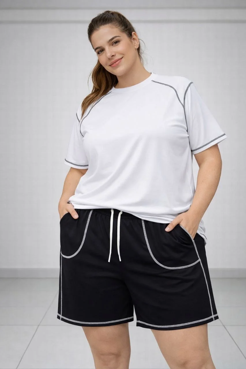 Kadın Battal Beden Kısa Kollu Tişört Şort Takım Kontrast Dikiş Detaylı Günlük Ev Giyimi - Beyaz Görsel 4