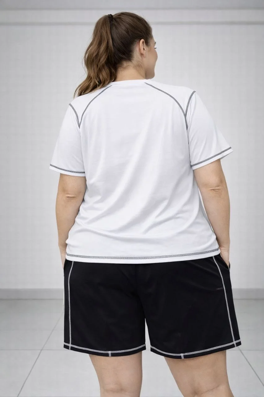 Kadın Battal Beden Kısa Kollu Tişört Şort Takım Kontrast Dikiş Detaylı Günlük Ev Giyimi - Beyaz Görsel 3