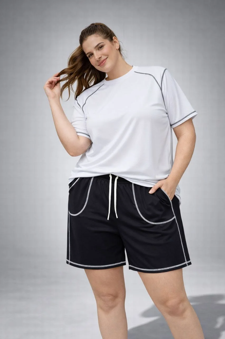 Kadın Battal Beden Kısa Kollu Tişört Şort Takım Kontrast Dikiş Detaylı Günlük Ev Giyimi - Beyaz Görsel 5