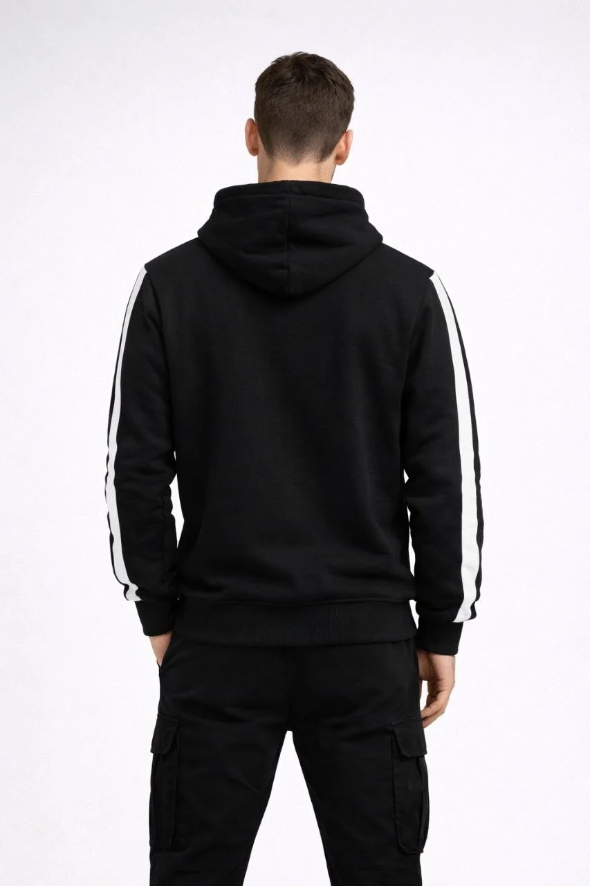 Erkek Şeritli Kapüşonlu Sweatshirt Oversize 3 iplik Pamuklu - Siyah Görsel 4