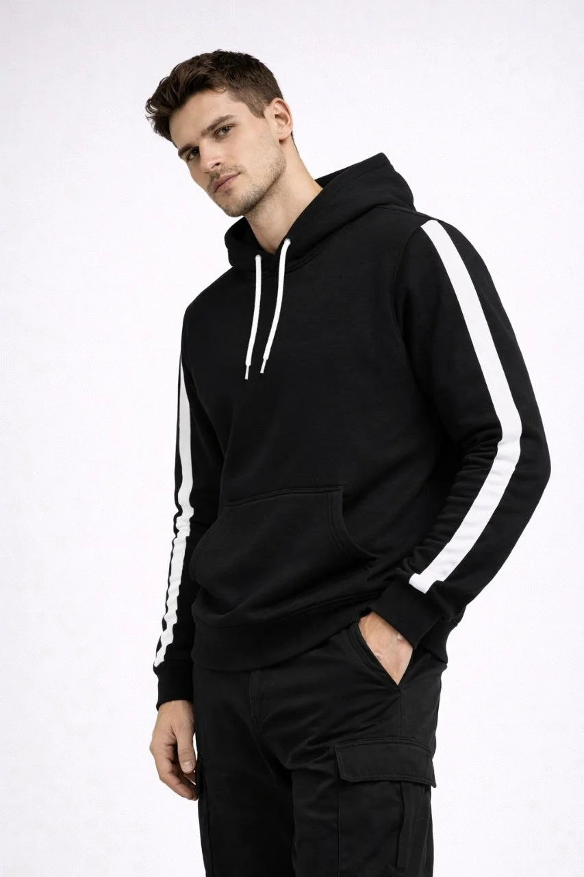 Erkek Şeritli Kapüşonlu Sweatshirt Oversize 3 iplik Pamuklu - Siyah Görsel 3