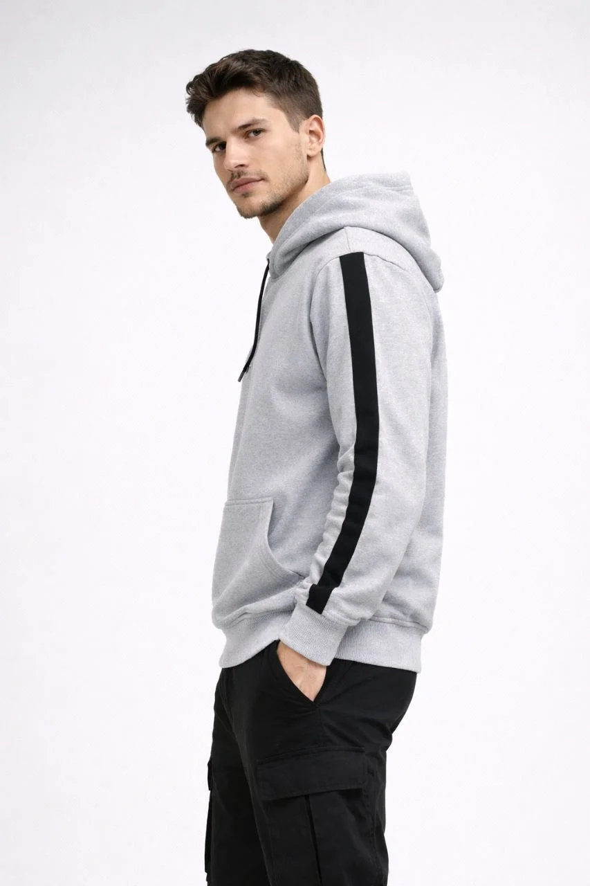 Erkek Şeritli Kapüşonlu Sweatshirt Oversize 3 iplik Pamuklu - Beyaz Görsel 3