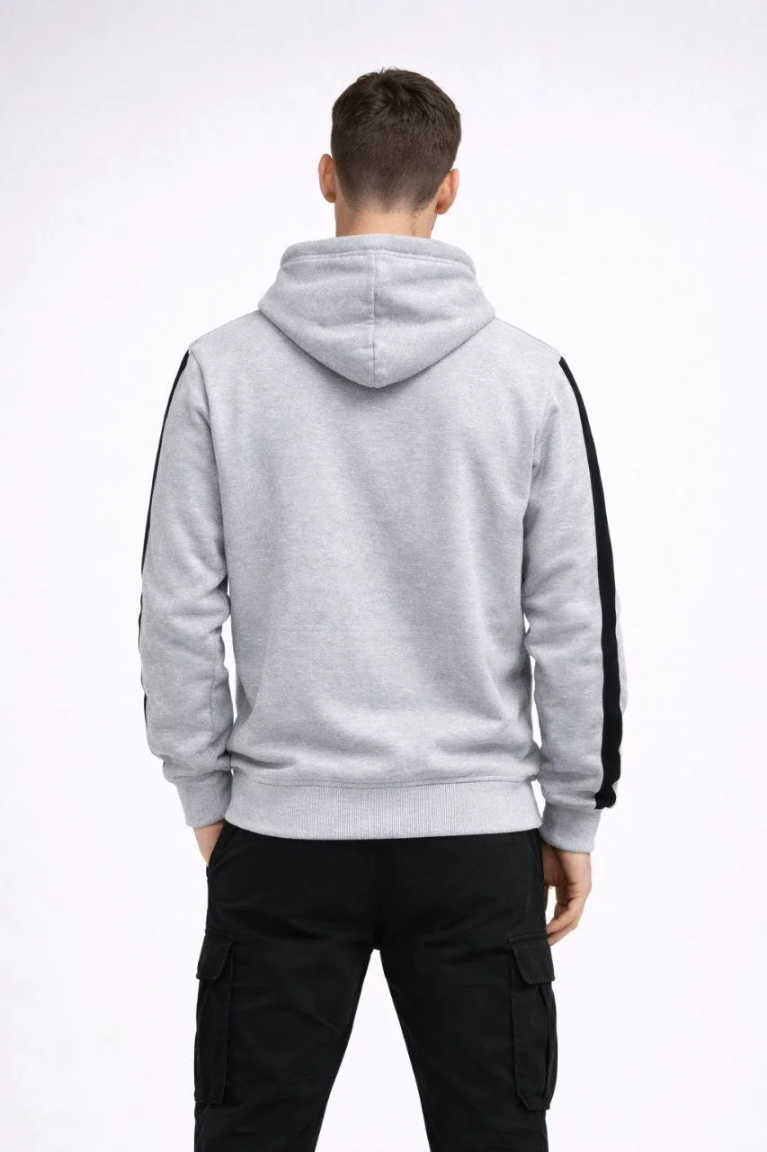 Erkek Şeritli Kapüşonlu Sweatshirt Oversize 3 iplik Pamuklu - Beyaz Görsel 4