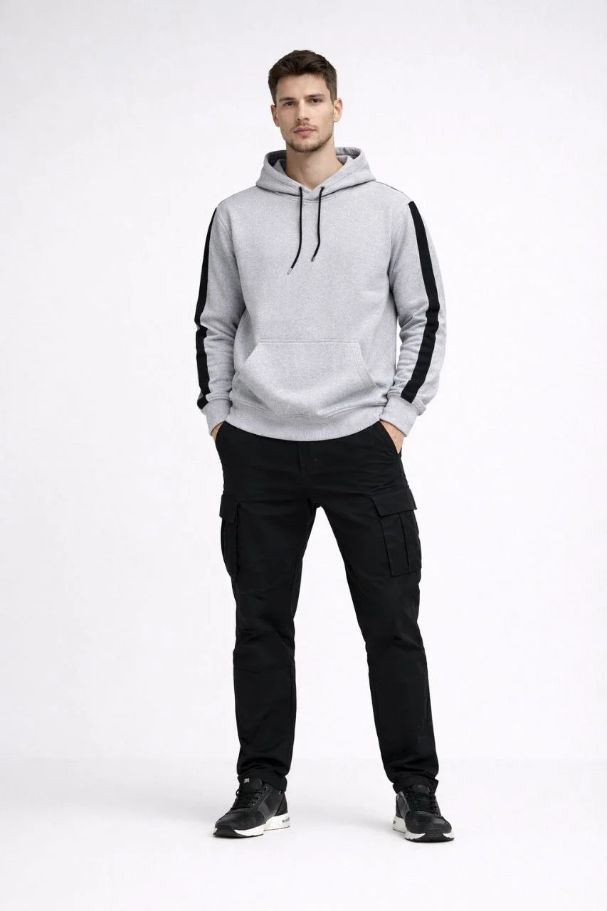 Erkek Şeritli Kapüşonlu Sweatshirt Oversize 3 iplik Pamuklu - Beyaz Görsel 2