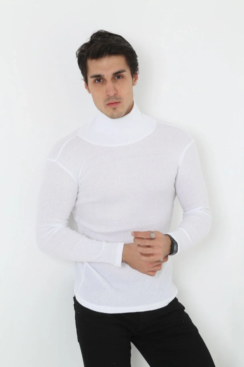 Erkek Kaşkorse Boğazlı Full Likralı Fitilli Body Kazak - Beyaz Görsel 2