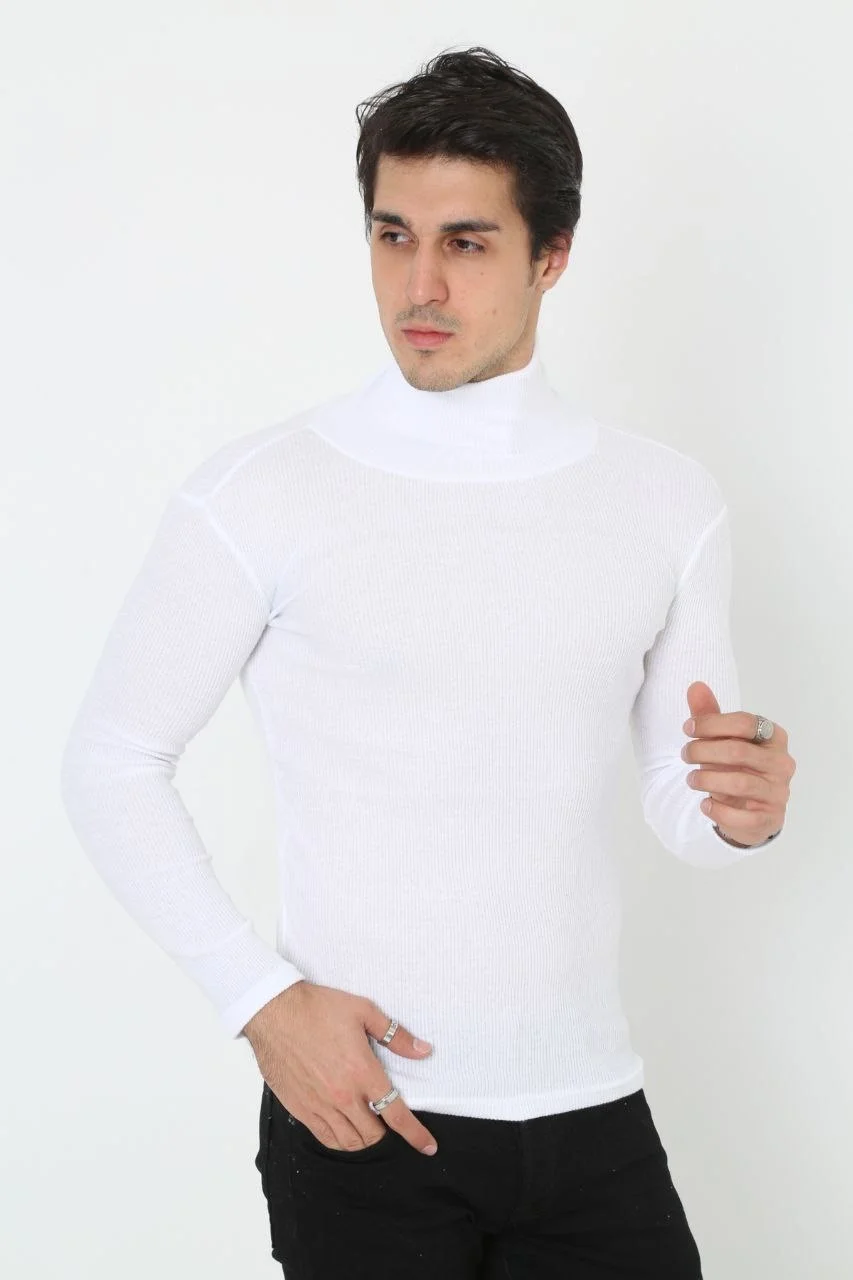 Erkek Kaşkorse Boğazlı Full Likralı Fitilli Body Kazak - Beyaz Görsel 3