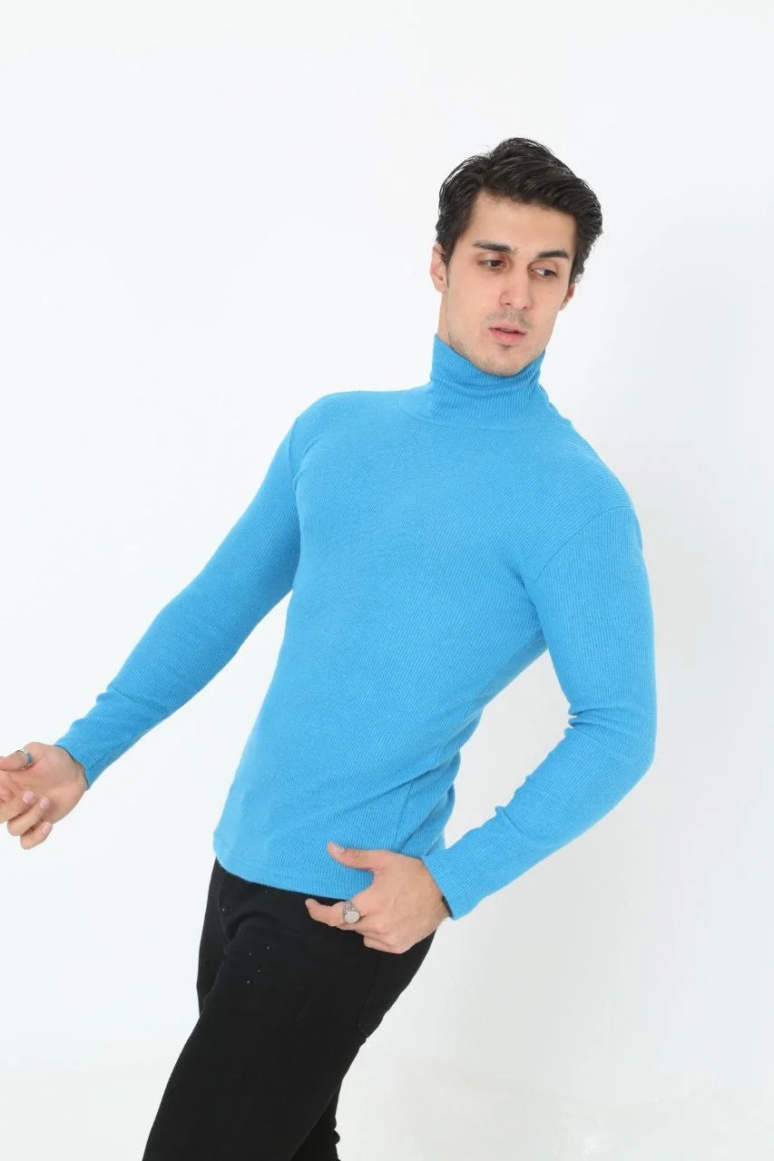 Erkek Kaşkorse Boğazlı Full Likralı Fitilli Body Kazak - Bebek Mavisi Görsel 2