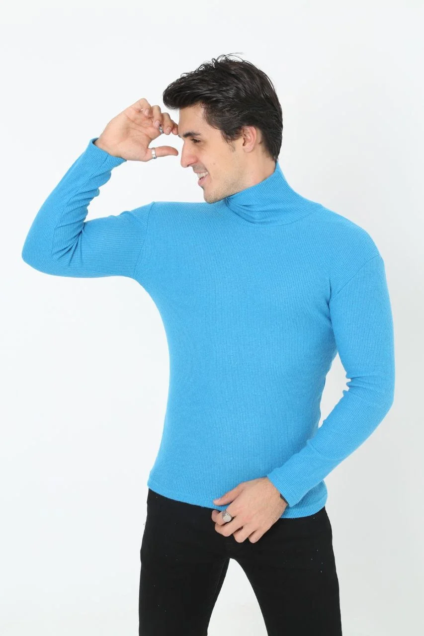 Erkek Kaşkorse Boğazlı Full Likralı Fitilli Body Kazak - Bebek Mavisi