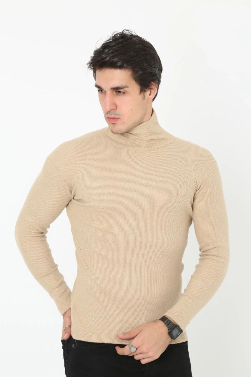 Erkek Kaşkorse Boğazlı Full Likralı Fitilli Body Kazak - Bej Görsel 3