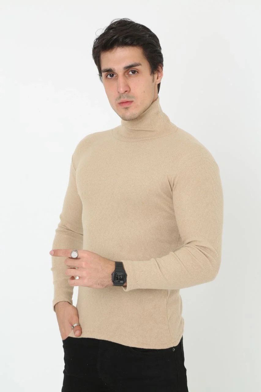 Erkek Kaşkorse Boğazlı Full Likralı Fitilli Body Kazak - Bej Görsel 2