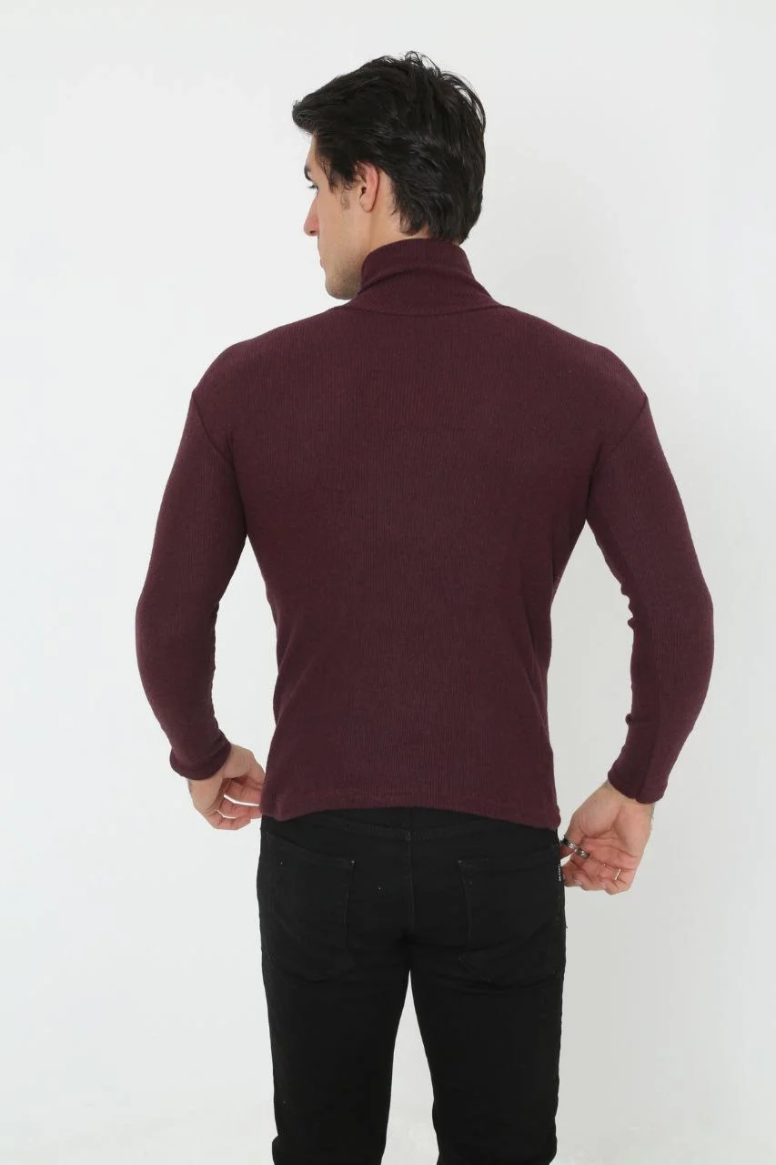 Erkek Kaşkorse Boğazlı Full Likralı Fitilli Body Kazak - Bordo Görsel 4