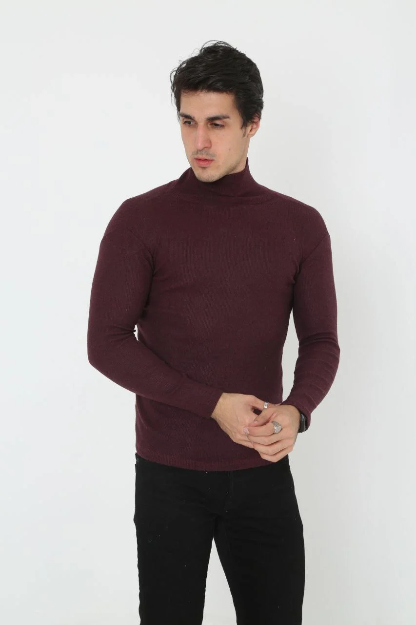 Erkek Kaşkorse Boğazlı Full Likralı Fitilli Body Kazak - Bordo Görsel 3