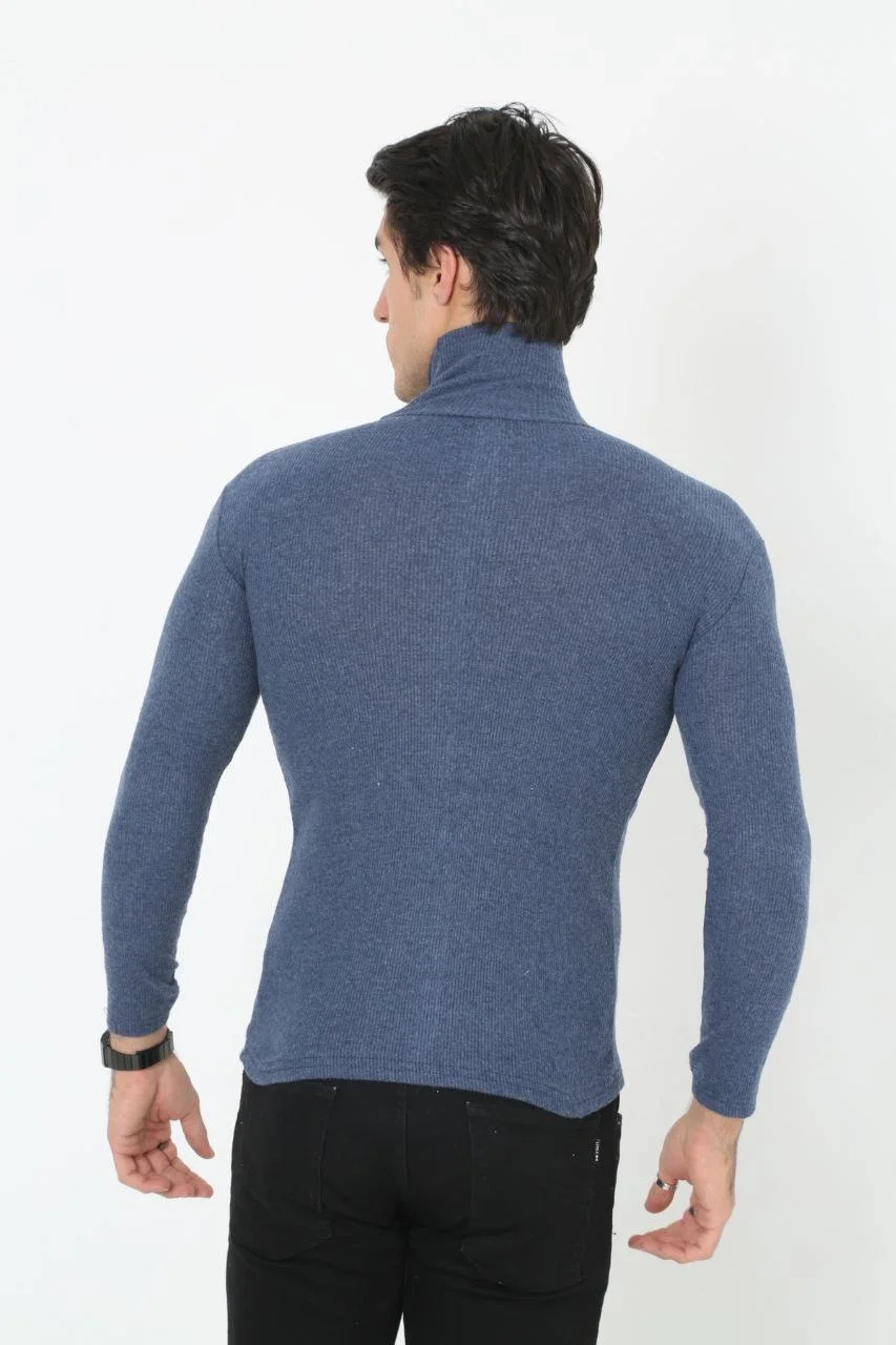 Erkek Kaşkorse Boğazlı Full Likralı Fitilli Body Kazak - İndigo Görsel 2