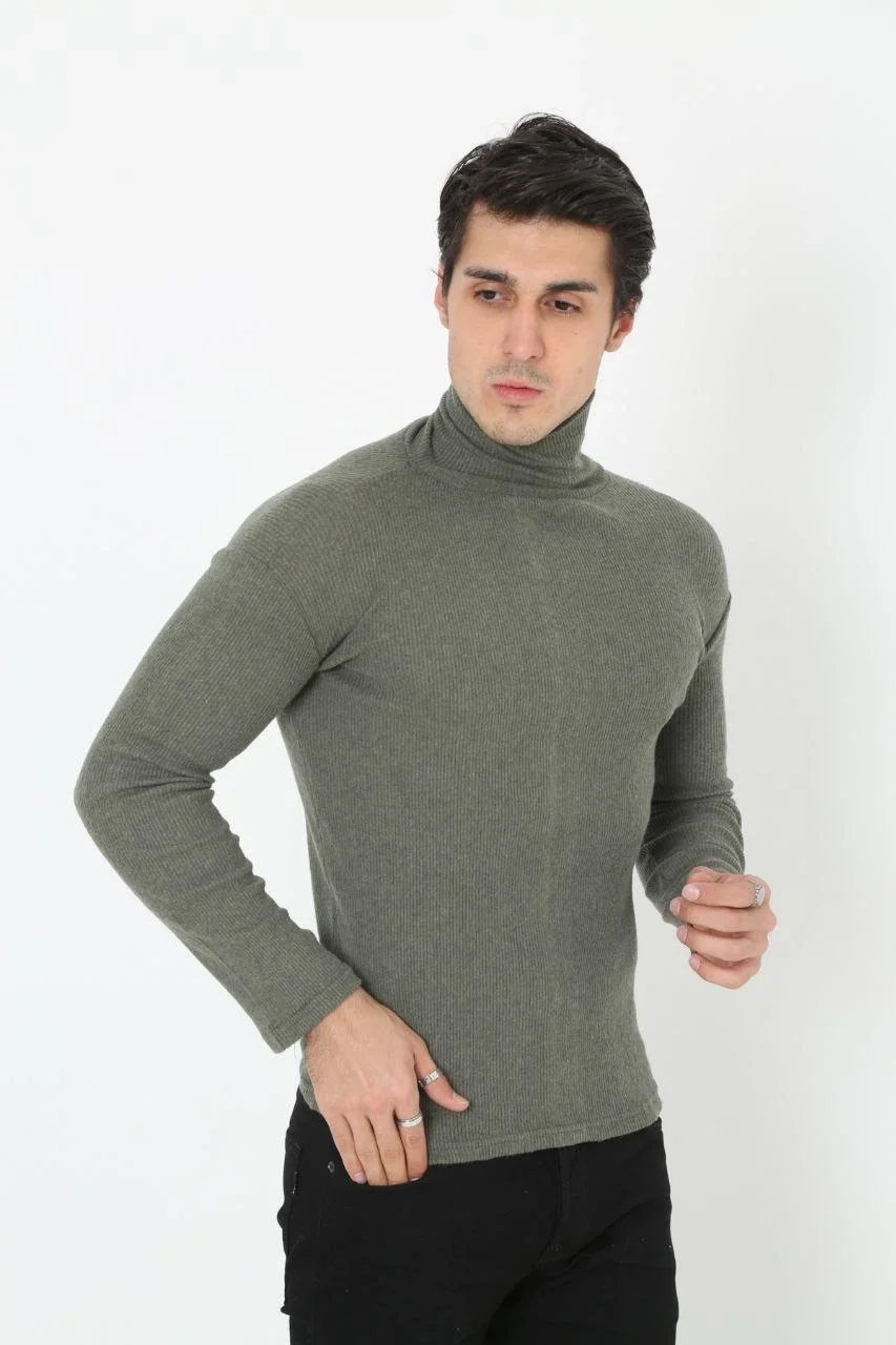 Erkek Kaşkorse Boğazlı Full Likralı Fitilli Body Kazak - Haki Görsel 2