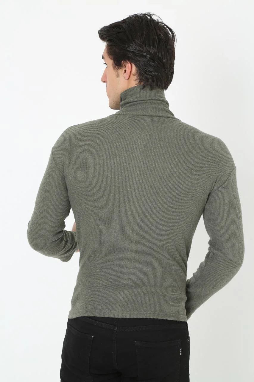 Erkek Kaşkorse Boğazlı Full Likralı Fitilli Body Kazak - Haki Görsel 4