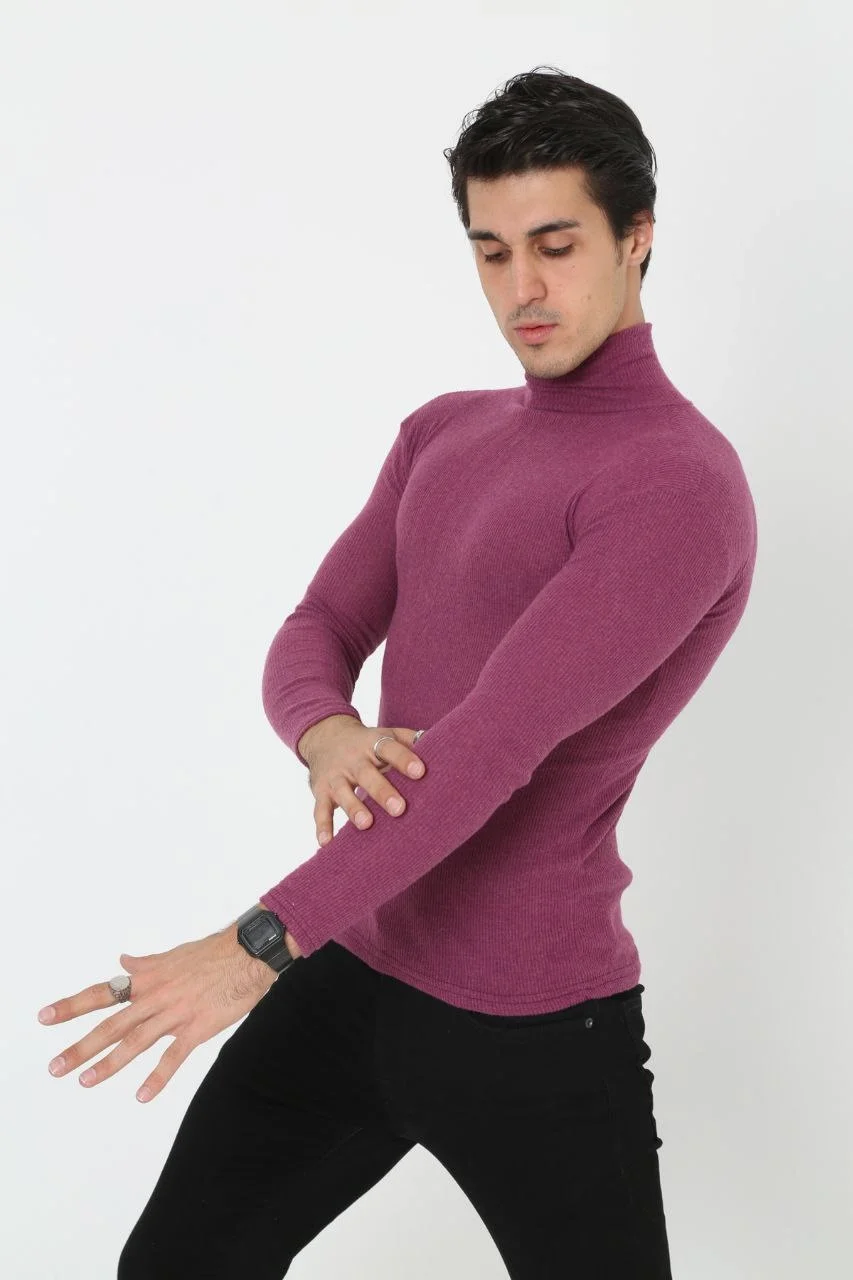 Erkek Kaşkorse Boğazlı Full Likralı Fitilli Body Kazak - Gül Kurusu Görsel 2