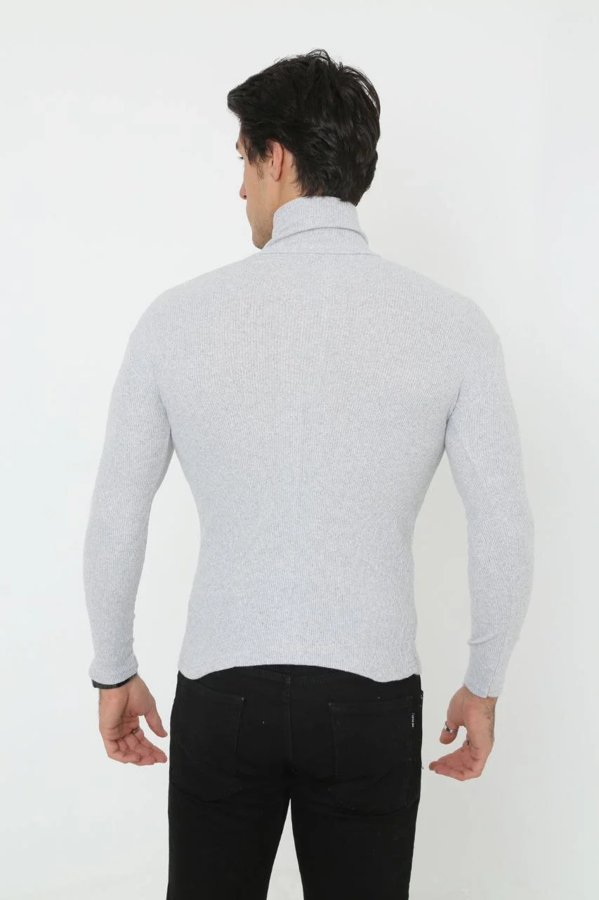 Erkek Kaşkorse Boğazlı Full Likralı Fitilli Body Kazak - Gri Görsel 2