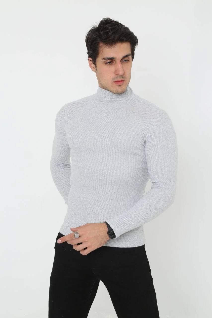 Erkek Kaşkorse Boğazlı Full Likralı Fitilli Body Kazak - Gri Görsel 4