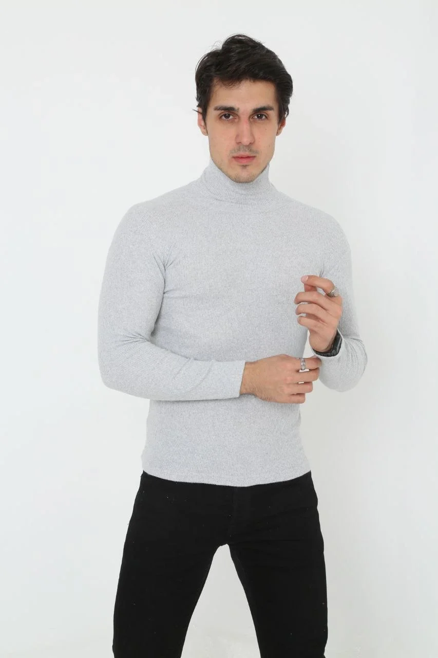 Erkek Kaşkorse Boğazlı Full Likralı Fitilli Body Kazak - Gri Görsel 3