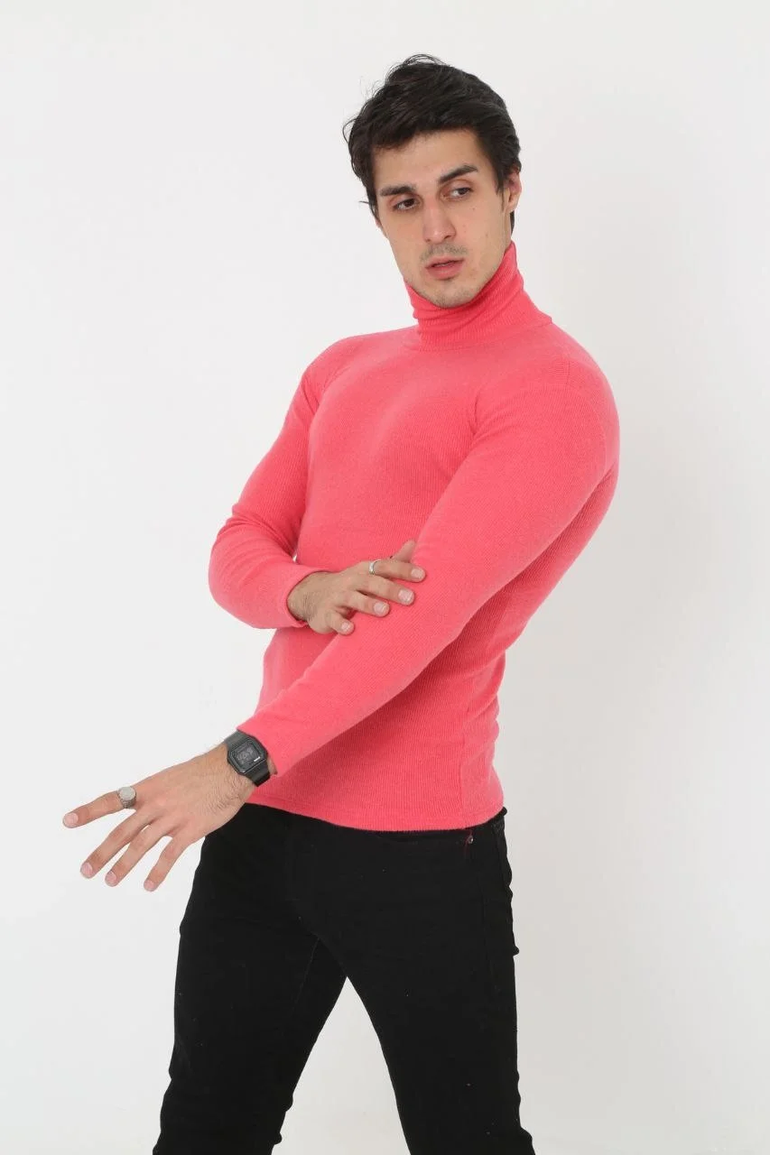 Erkek Kaşkorse Boğazlı Full Likralı Fitilli Body Kazak - Pembe Görsel 2