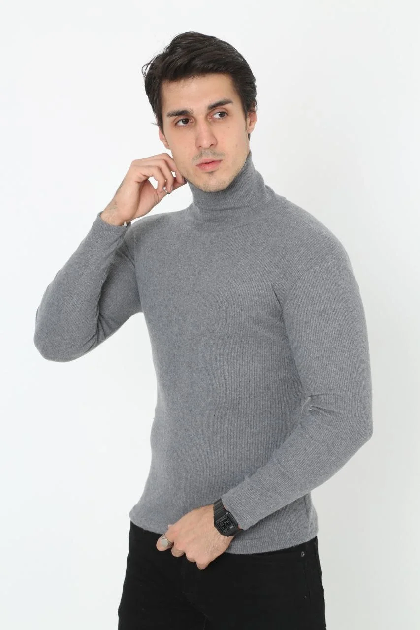 Erkek Kaşkorse Boğazlı Full Likralı Fitilli Body Kazak - Füme Görsel 4