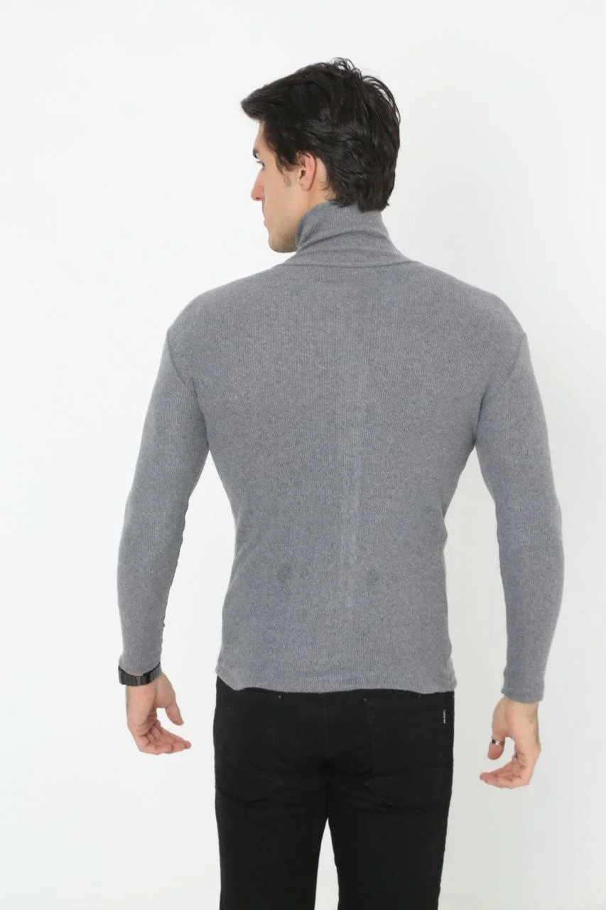 Erkek Kaşkorse Boğazlı Full Likralı Fitilli Body Kazak - Füme Görsel 2