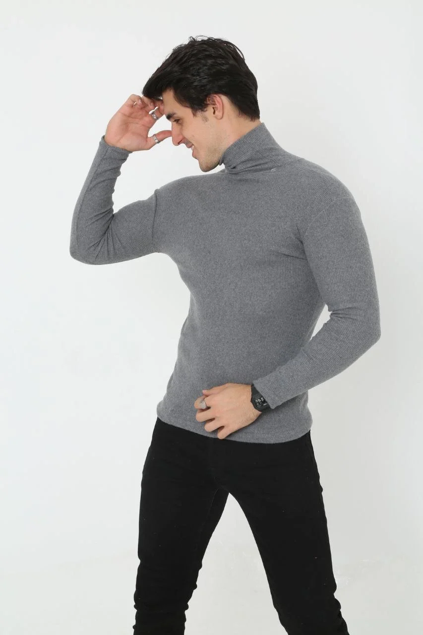 Erkek Kaşkorse Boğazlı Full Likralı Fitilli Body Kazak - Füme Görsel 6