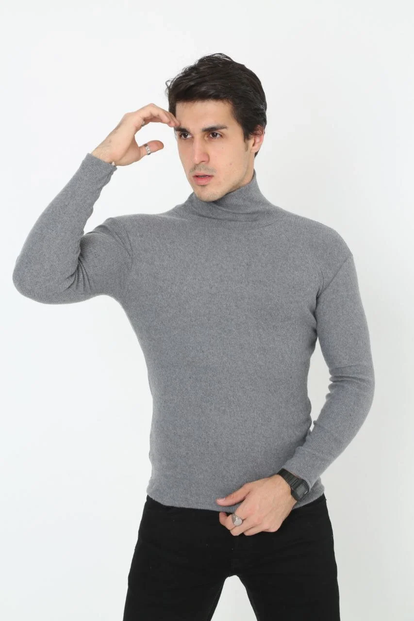 Erkek Kaşkorse Boğazlı Full Likralı Fitilli Body Kazak - Füme Görsel 7