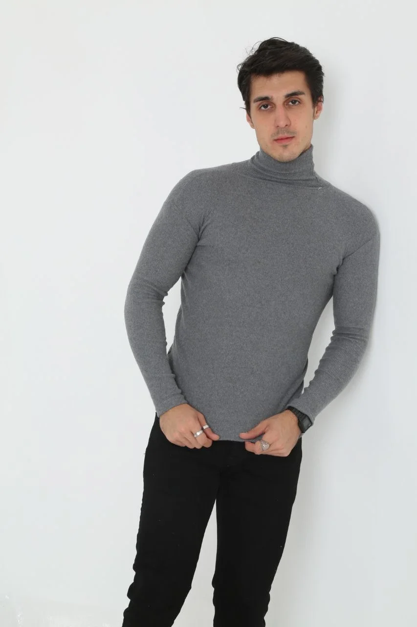 Erkek Kaşkorse Boğazlı Full Likralı Fitilli Body Kazak - Füme Görsel 3