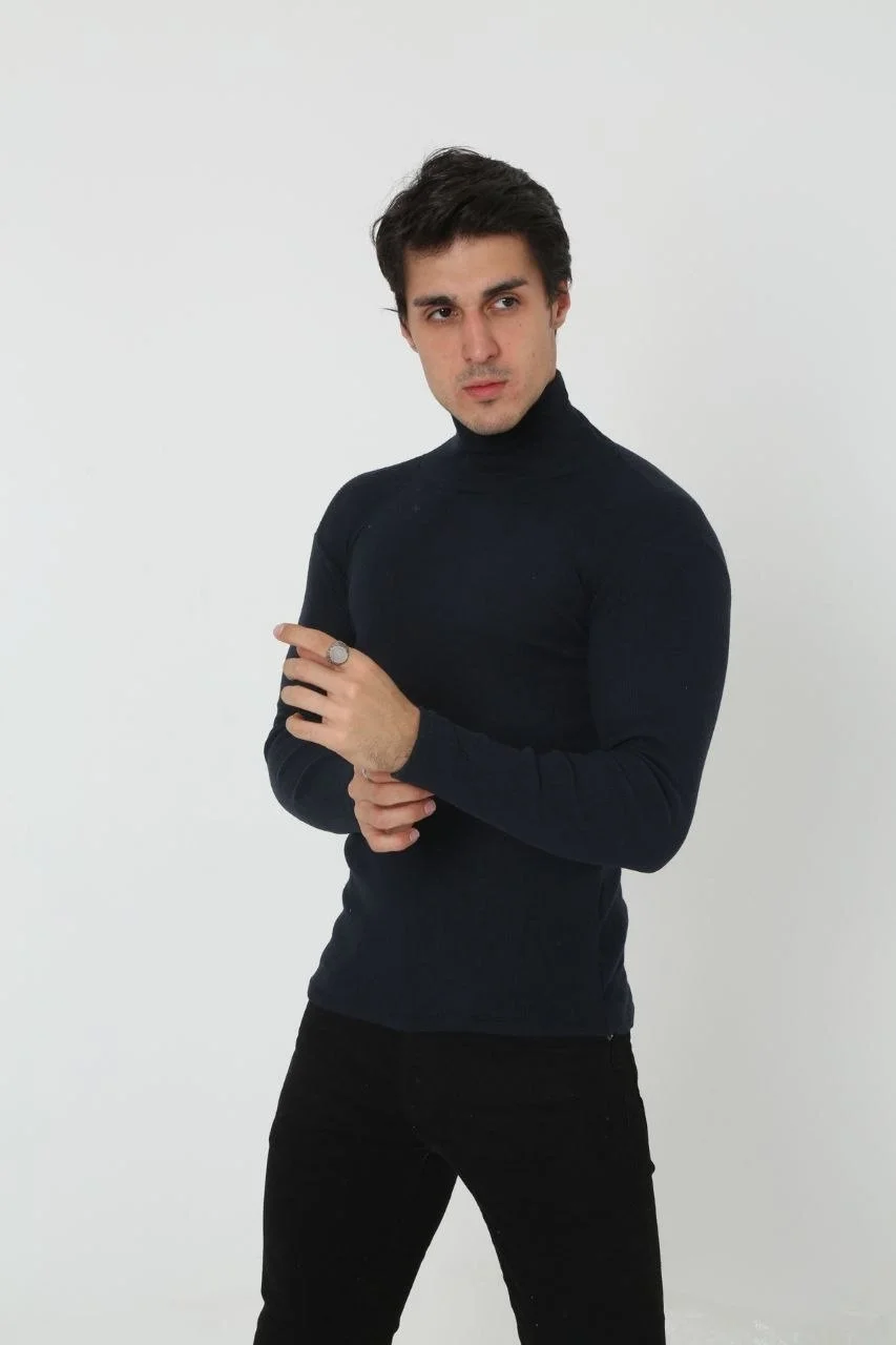 Erkek Kaşkorse Boğazlı Full Likralı Fitilli Body Kazak - Siyah Görsel 3