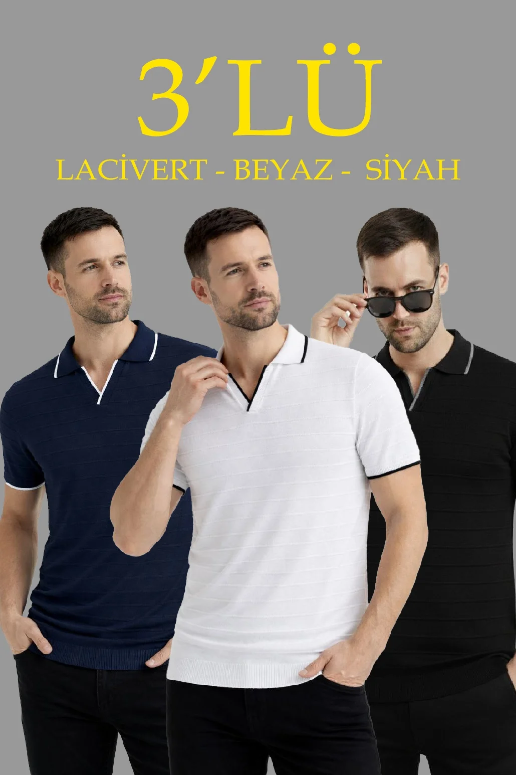 Erkek 3’lü Paket Triko Yakalı Düğmesiz Açık Yaka Fitilli Kısa Kollu Regular Fit Tişört - Siyah, Beyaz, Lacivert