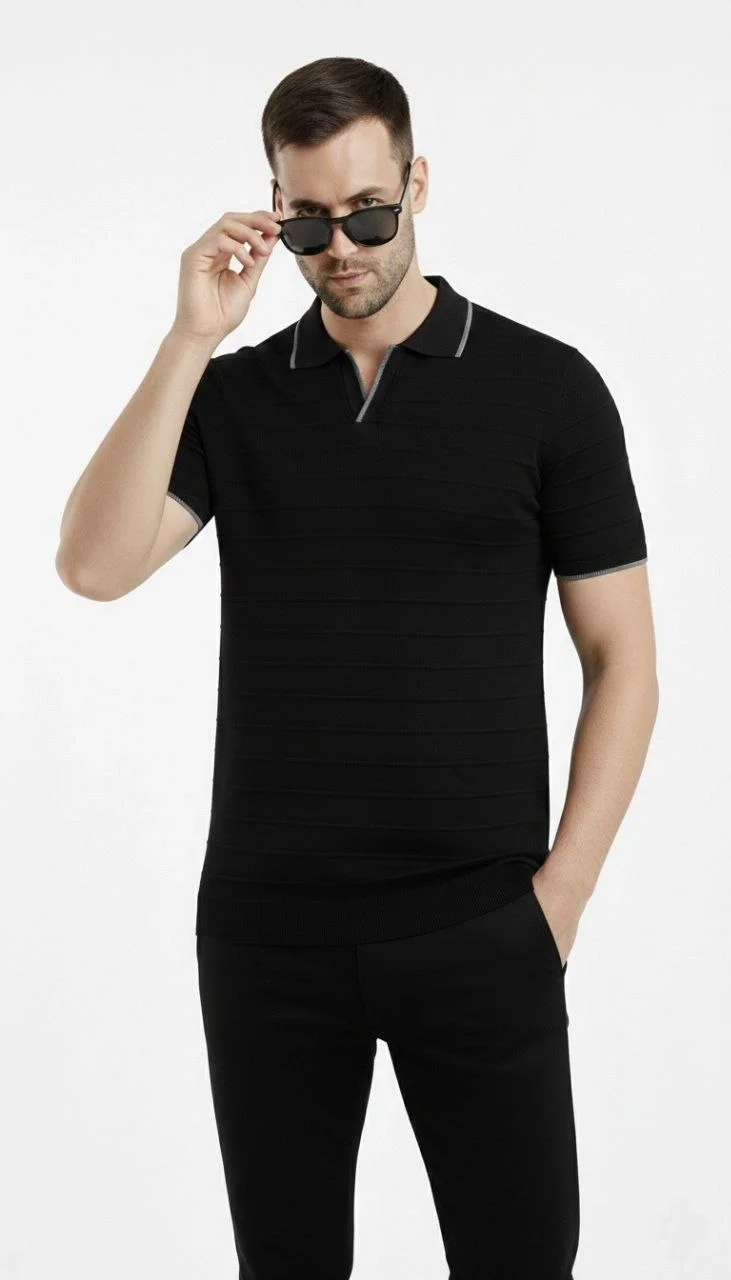 Erkek 3’lü Paket Triko Yakalı Düğmesiz Açık Yaka Fitilli Kısa Kollu Regular Fit Tişört - Siyah, Beyaz, Lacivert Görsel 5