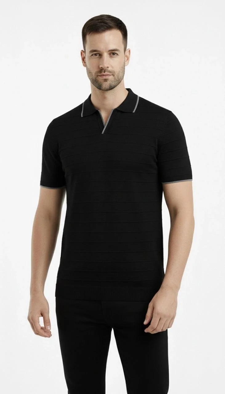 Erkek 3’lü Paket Triko Yakalı Düğmesiz Açık Yaka Fitilli Kısa Kollu Regular Fit Tişört - Siyah, Beyaz, Lacivert Görsel 7