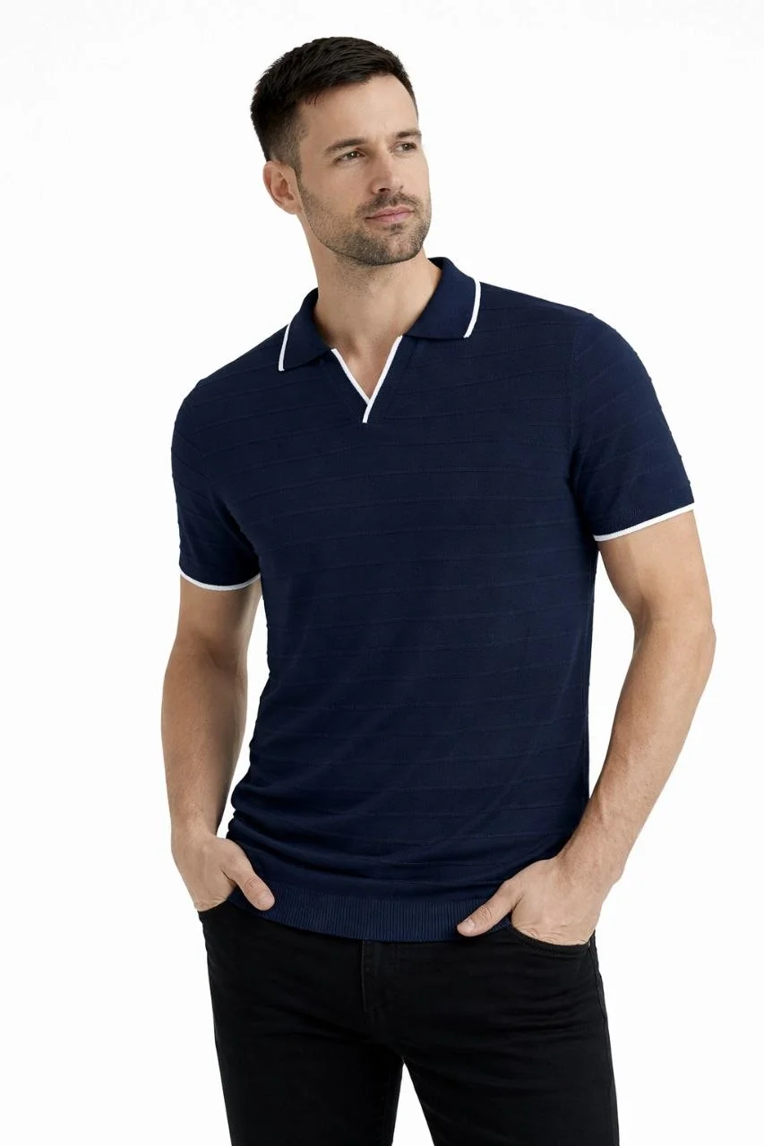 Erkek 3’lü Paket Triko Yakalı Düğmesiz Açık Yaka Fitilli Kısa Kollu Regular Fit Tişört - Siyah, Beyaz, Lacivert Görsel 4