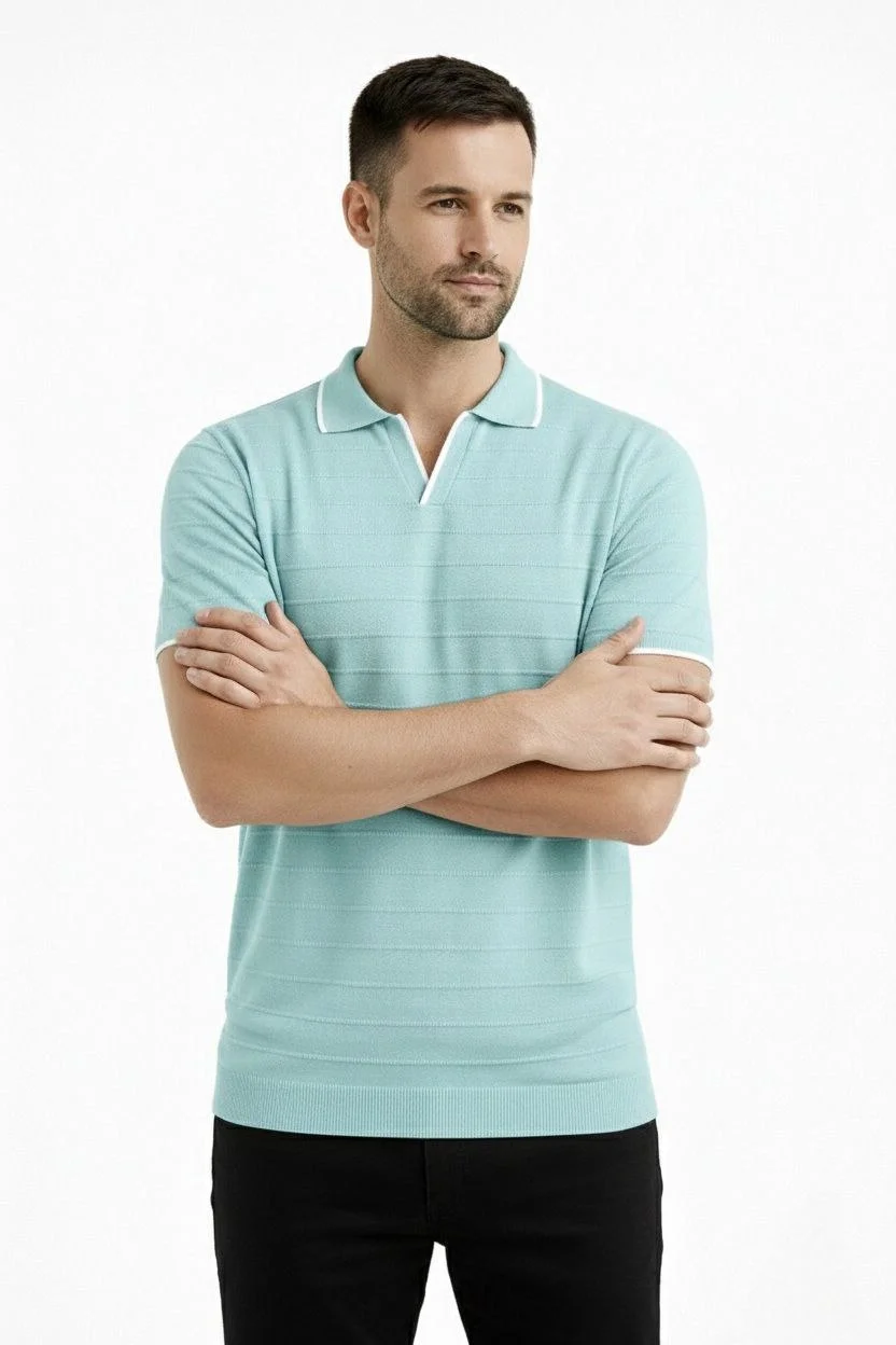 Erkek 3’lü Paket Triko Yakalı Düğmesiz Açık Yaka Fitilli Kısa Kollu Regular Fit Tişört - Bej, Beyaz, Mint Yeşili Görsel 3