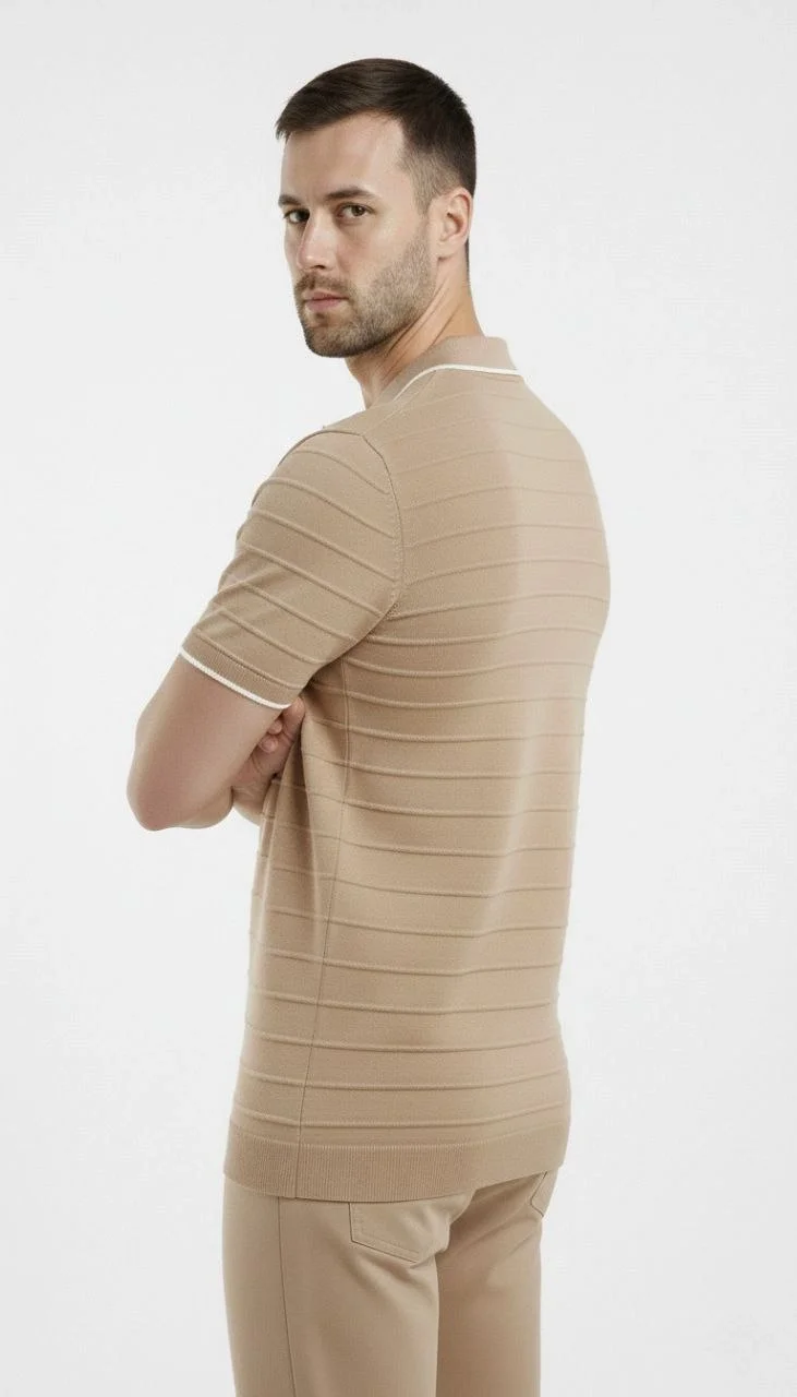 Erkek 3’lü Paket Triko Yakalı Düğmesiz Açık Yaka Fitilli Kısa Kollu Regular Fit Tişört - Lacivert, Bej, Siyah Görsel 5