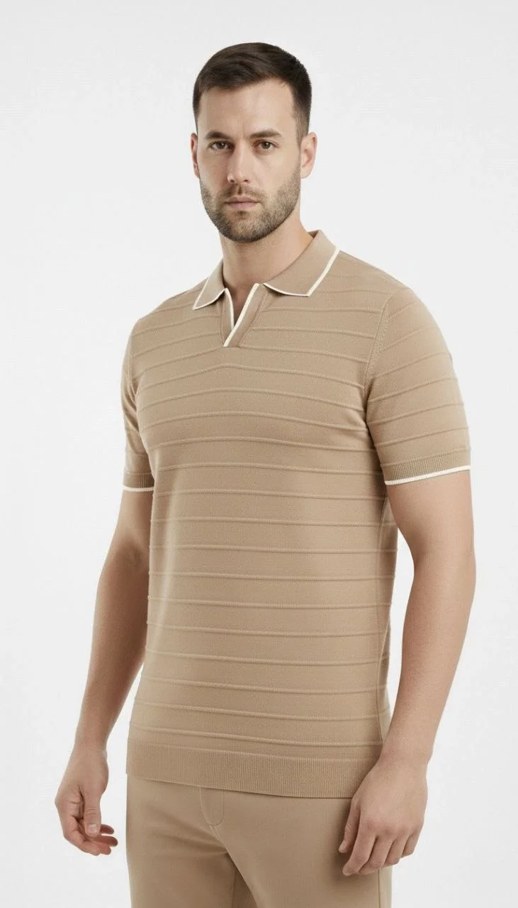 Erkek 3’lü Paket Triko Yakalı Düğmesiz Açık Yaka Fitilli Kısa Kollu Regular Fit Tişört - Lacivert, Bej, Siyah Görsel 6