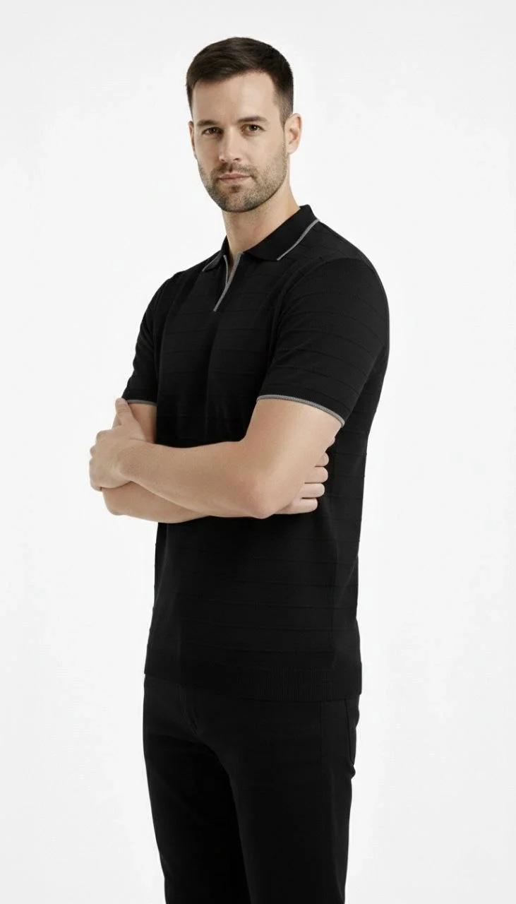 Erkek 2’li Paket Triko Yakalı Düğmesiz Açık Yaka Fitilli Kısa Kollu Regular Fit Tişört - Beyaz & Siyah Görsel 4