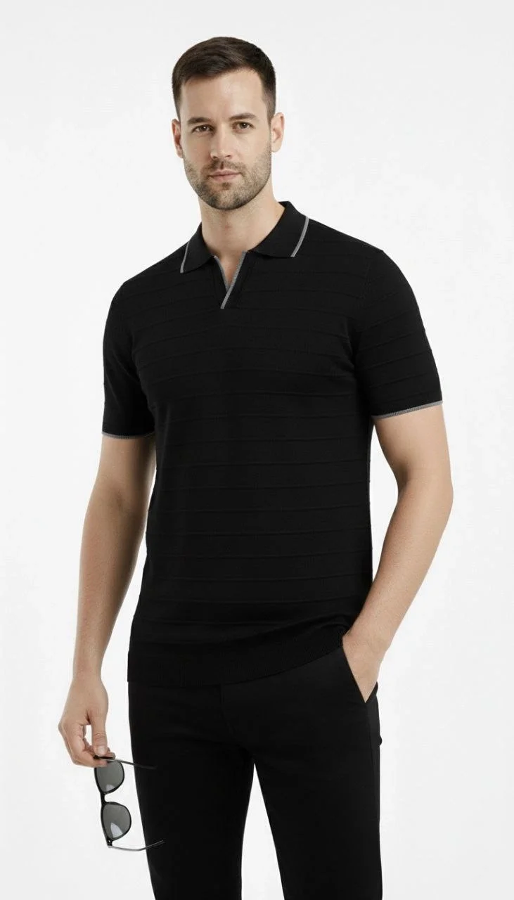 Erkek 2’li Paket Triko Yakalı Düğmesiz Açık Yaka Fitilli Kısa Kollu Regular Fit Tişört - Beyaz & Siyah Görsel 3