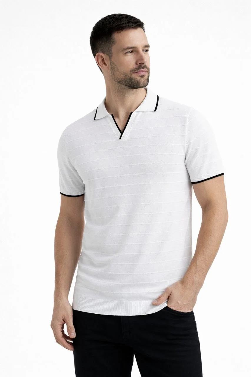 Erkek 2’li Paket Triko Yakalı Düğmesiz Açık Yaka Fitilli Kısa Kollu Regular Fit Tişört - Beyaz & Siyah Görsel 8