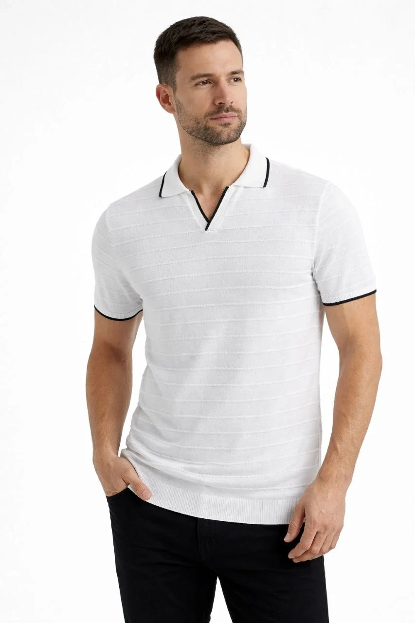 Erkek 2’li Paket Triko Yakalı Düğmesiz Açık Yaka Fitilli Kısa Kollu Regular Fit Tişört - Beyaz & Mint Yeşili Görsel 7